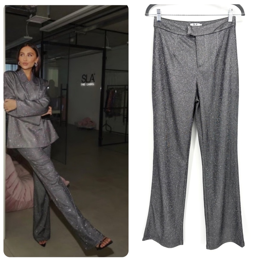 SLA The Label Glitter Santorini Wide Leg Trouser Pants Grey Silver Sparkle Party